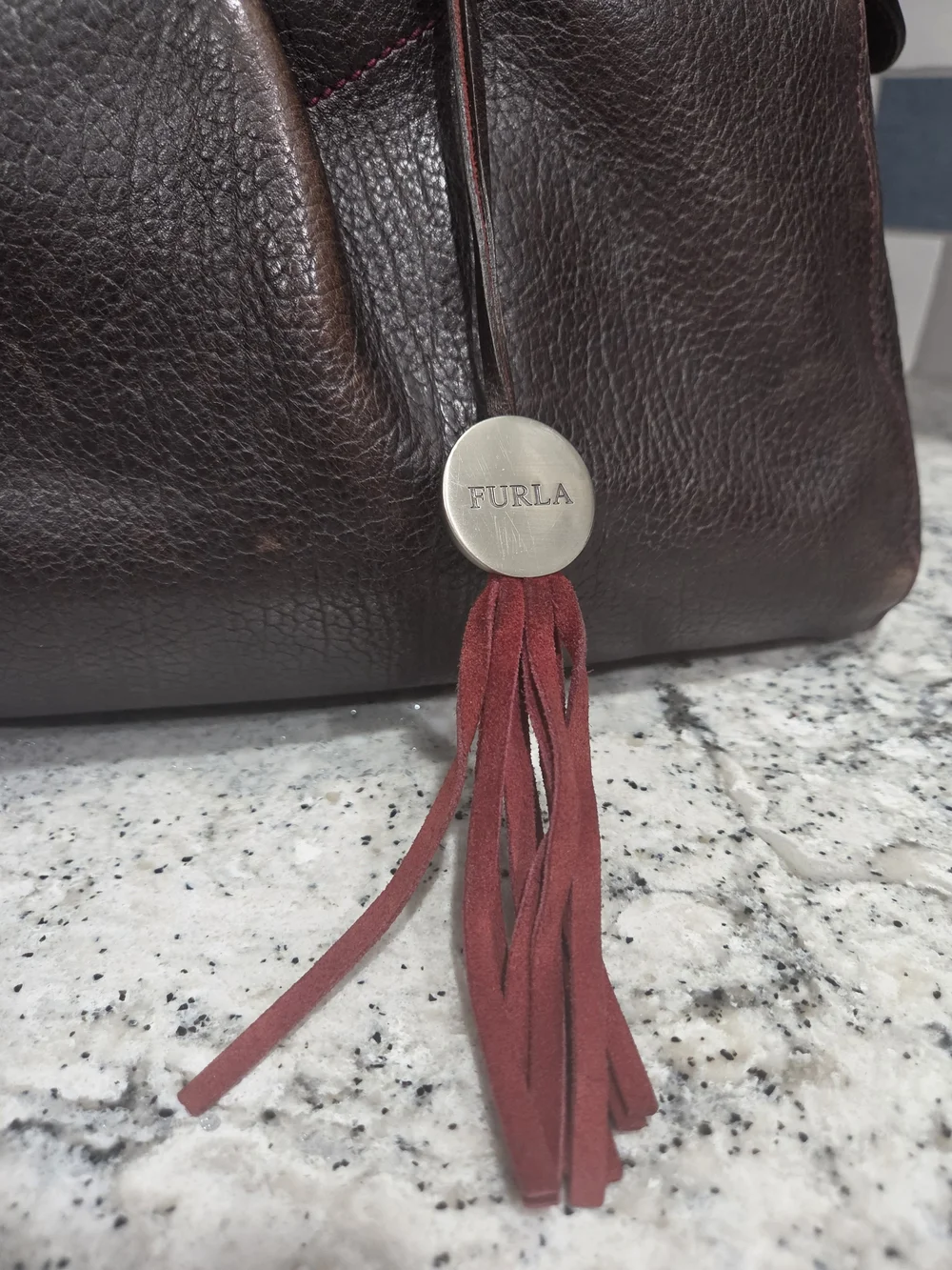 Furla Vintage Calf Skin Brown Leather Satchel with Red Tassel Accent